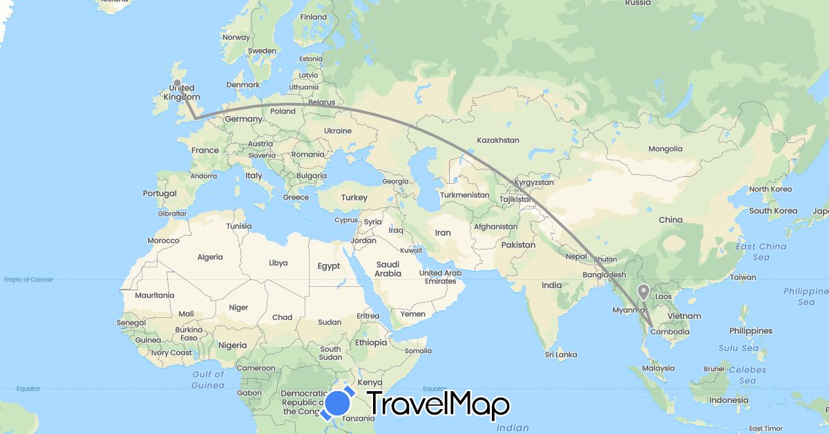 TravelMap itinerary: driving, plane in United Kingdom, Thailand (Asia, Europe)